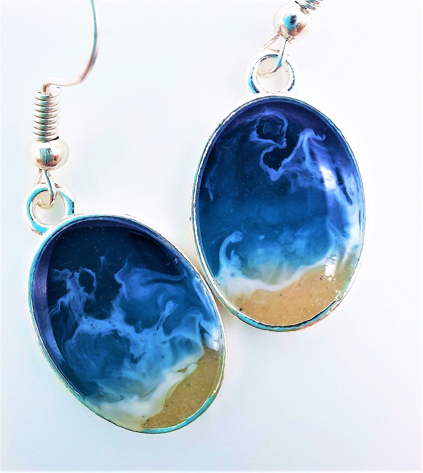 Real Sand Resin Waves Earrings/Oval Ocean Earrings/Beach Scene/Seascape Earrings/Made w/ Sand, Resin, Mica, & Hypoallergenic Stainless Steel