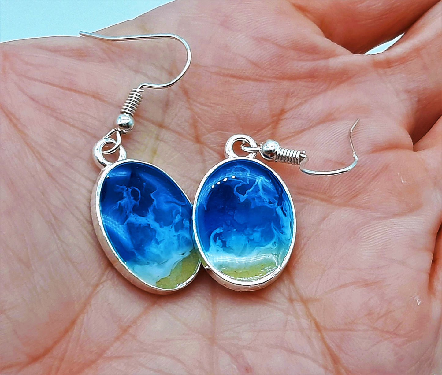 Real Sand Resin Waves Earrings/Oval Ocean Earrings/Beach Scene/Seascape Earrings/Made w/ Sand, Resin, Mica, & Hypoallergenic Stainless Steel