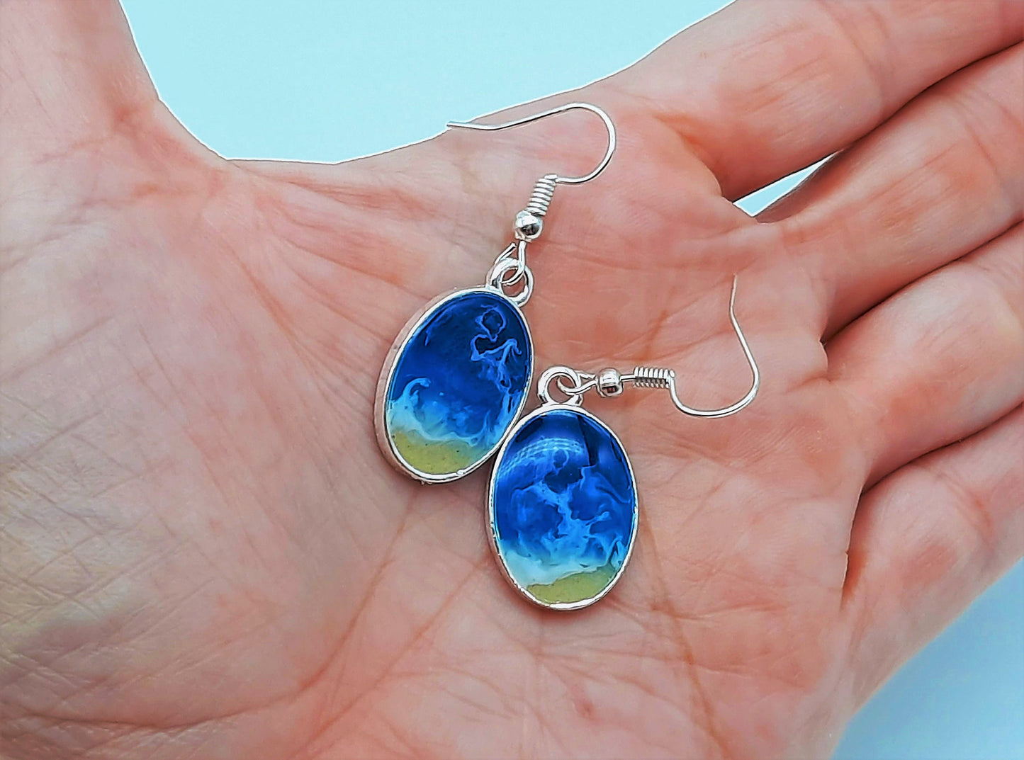 Real Sand Resin Waves Earrings/Oval Ocean Earrings/Beach Scene/Seascape Earrings/Made w/ Sand, Resin, Mica, & Hypoallergenic Stainless Steel