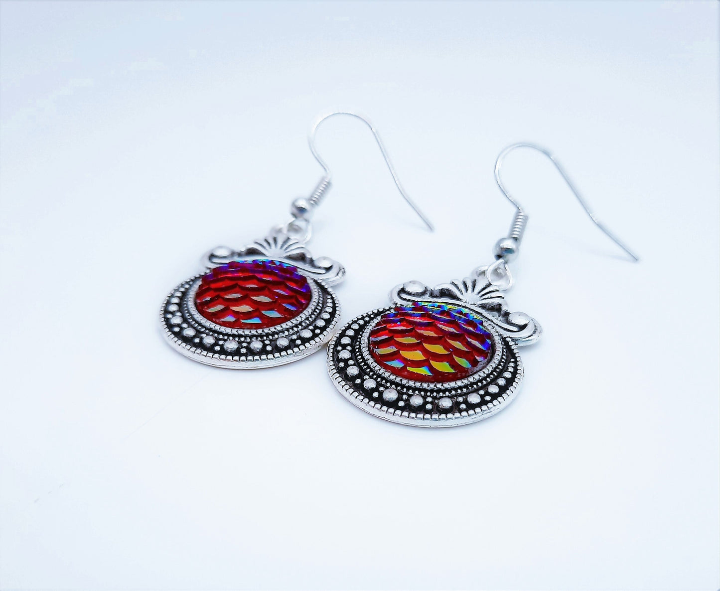Iridescent Red Mermaid Scale / Dragon Scale / Fish Scale Earrings / Antique Tibetan Look / Made with Hypo-allergenic Stainless Steel
