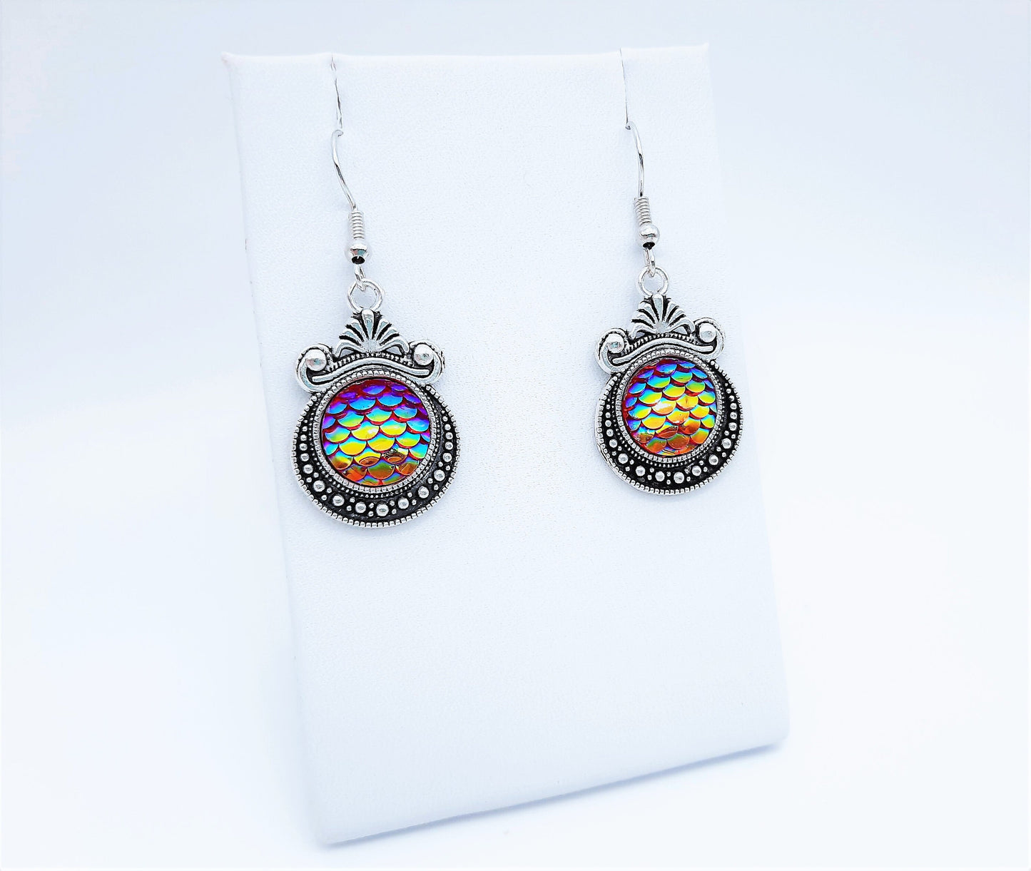 Iridescent Red Mermaid Scale / Dragon Scale / Fish Scale Earrings / Antique Tibetan Look / Made with Hypo-allergenic Stainless Steel