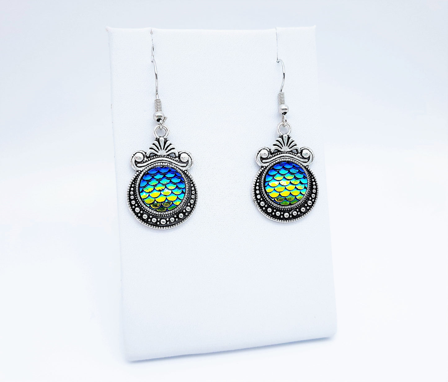 Iridescent Blue - Green Mermaid Scale / Dragon Scale / Fish Scale Earrings / Antique Tibetan Look / Made w/ Hypo-allergenic Stainless Steel