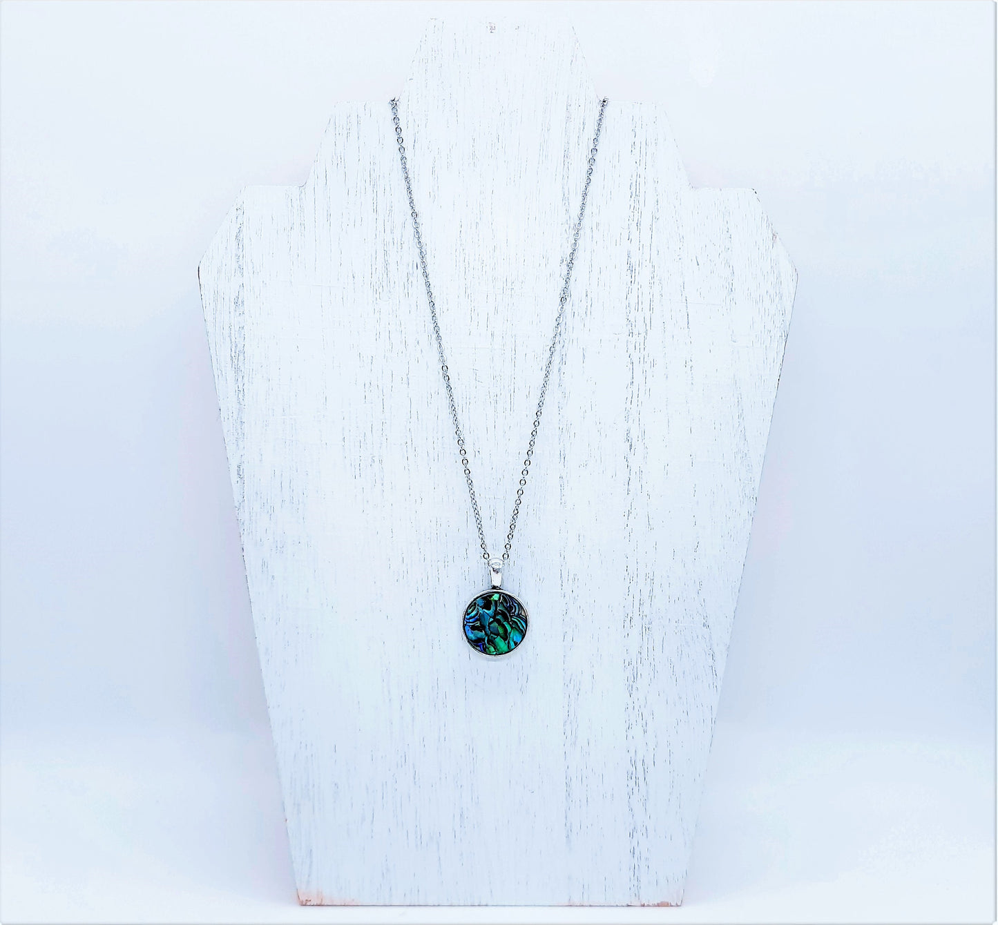 Cracked Abalone / Paua Seashell Pendant Necklace - Stainless Steel Hypoallergenic Chain - Lobster Claw Closure - Silver-Coated Brass Pendant