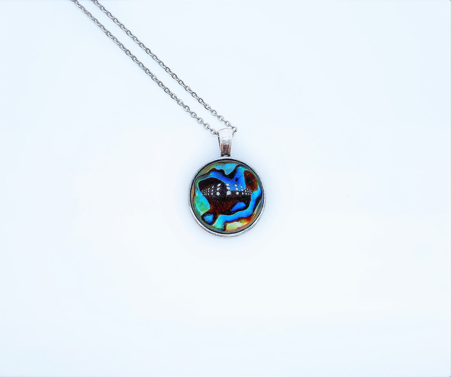 Natural Abalone / Paua Seashell Pendant Necklace - Stainless Steel - Hypoallergenic - Dome Covered with Holographic Powder Infused Resin