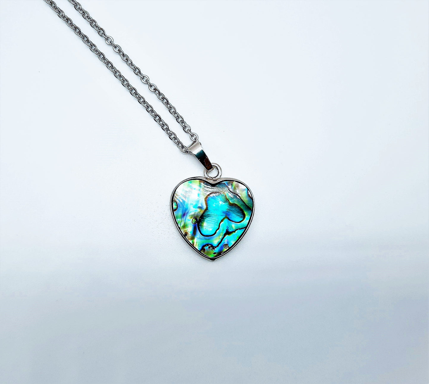 Abalone / Paua Seashell Heart Pendant Necklace - Stainless Steel Hypoallergenic Chain - Lobster Claw Closure - Silver-Coated Brass Pendant