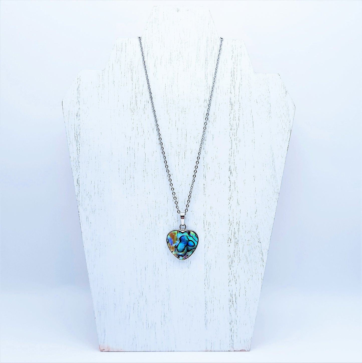 Abalone / Paua Seashell Heart Pendant Necklace - Stainless Steel Hypoallergenic Chain - Lobster Claw Closure - Silver-Coated Brass Pendant