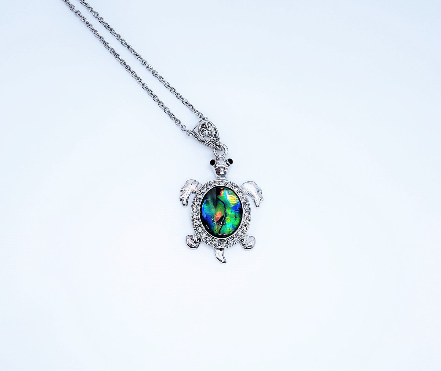 Abalone/Paua Seashell Sea Turtle Pendant Necklace - Stainless Steel Hypoallergenic Chain-Lobster Claw Closure - Silver-Coated Brass Pendant