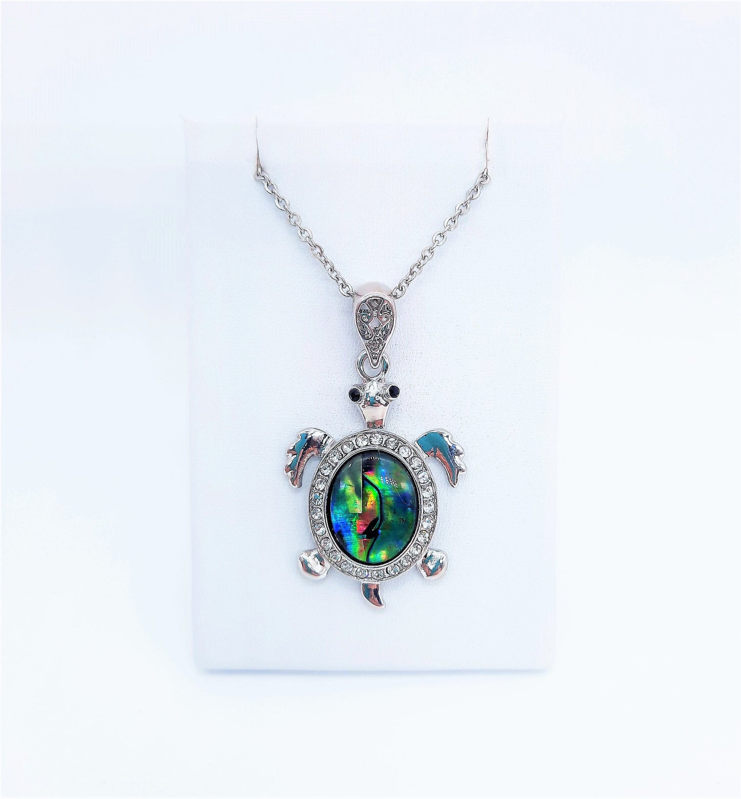 Abalone/Paua Seashell Sea Turtle Pendant Necklace - Stainless Steel Hypoallergenic Chain-Lobster Claw Closure - Silver-Coated Brass Pendant