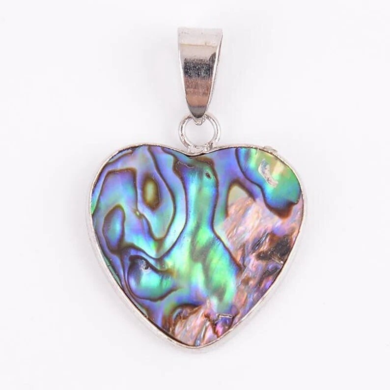Abalone / Paua Seashell Heart Pendant Necklace - Stainless Steel Hypoallergenic Chain - Lobster Claw Closure - Silver-Coated Brass Pendant