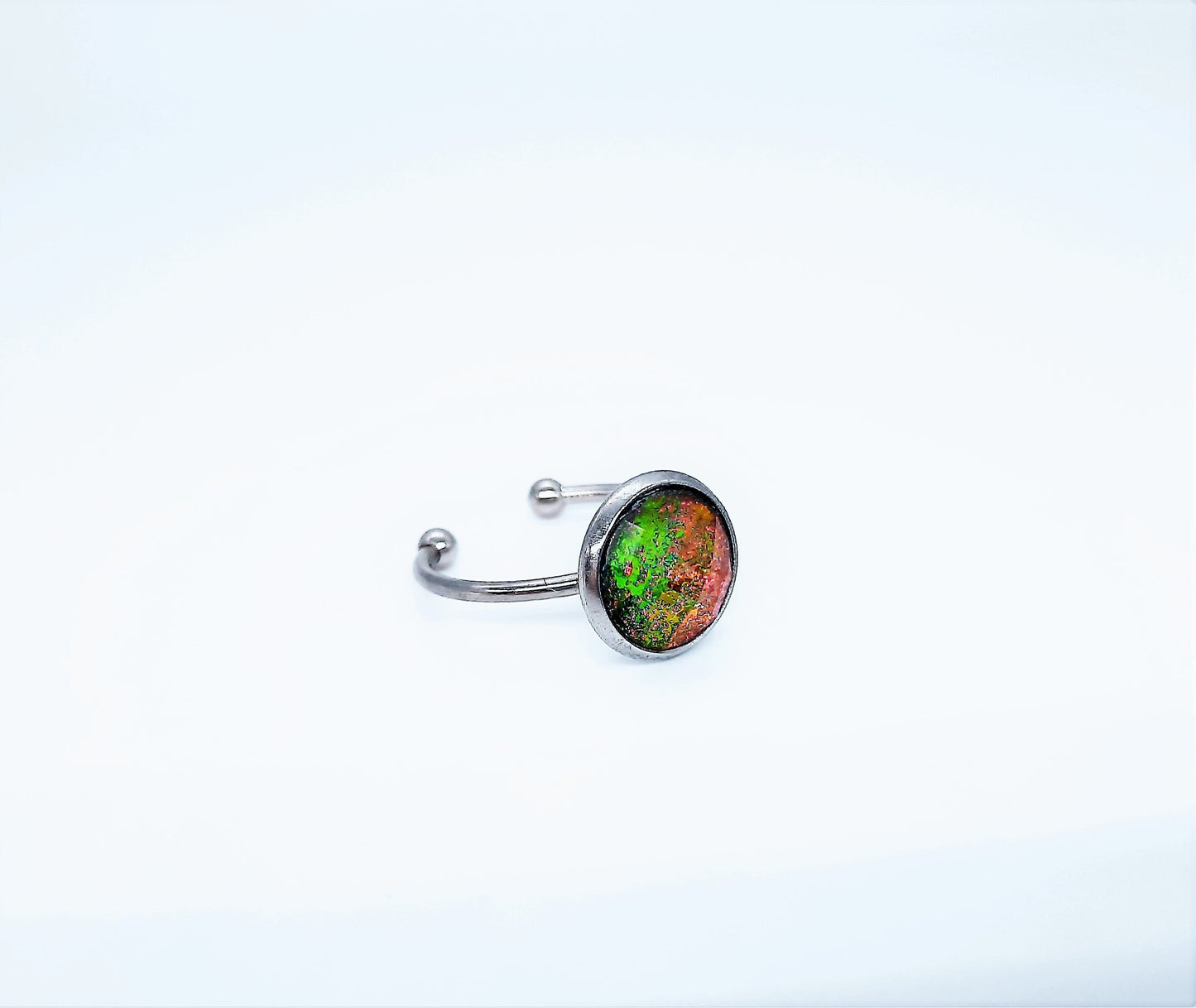 Handcrafted / Handmade Iridescent Red / Yellow Reflective Rhinestone Ring, Hypoallergenic Silver Stainless Steel, Size 7 Finger Cuff