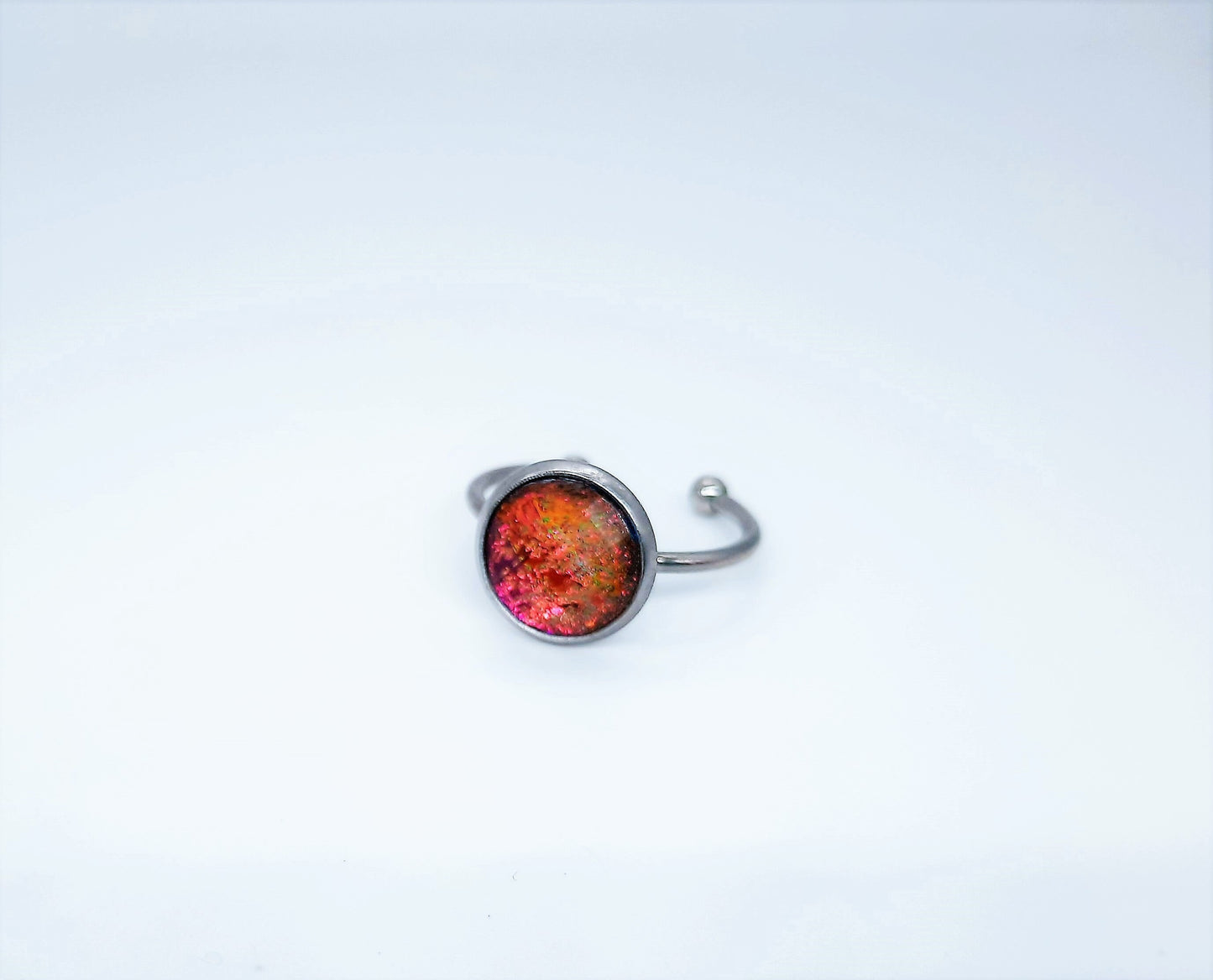 Handcrafted / Handmade Iridescent Red / Yellow Reflective Rhinestone Ring, Hypoallergenic Silver Stainless Steel, Size 7 Finger Cuff
