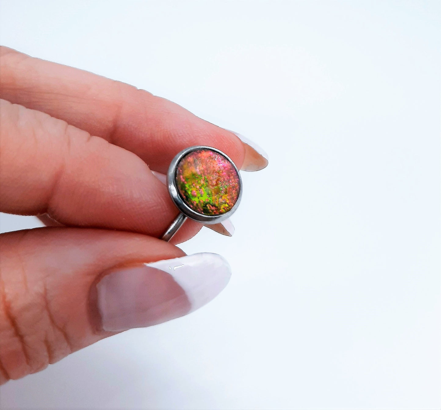 Handcrafted / Handmade Iridescent Red / Yellow Reflective Rhinestone Ring, Hypoallergenic Silver Stainless Steel, Size 7 Finger Cuff