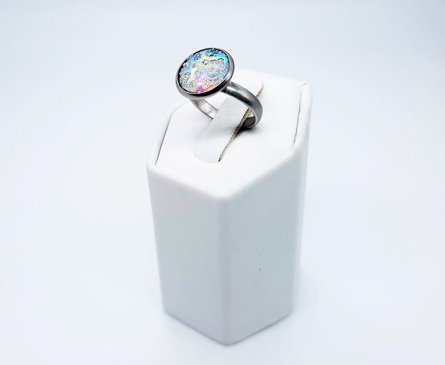 Handcrafted / Handmade Iridescent White Pearlescent Resin Ring, Hypoallergenic Silver Stainless Steel, Adjustable Band