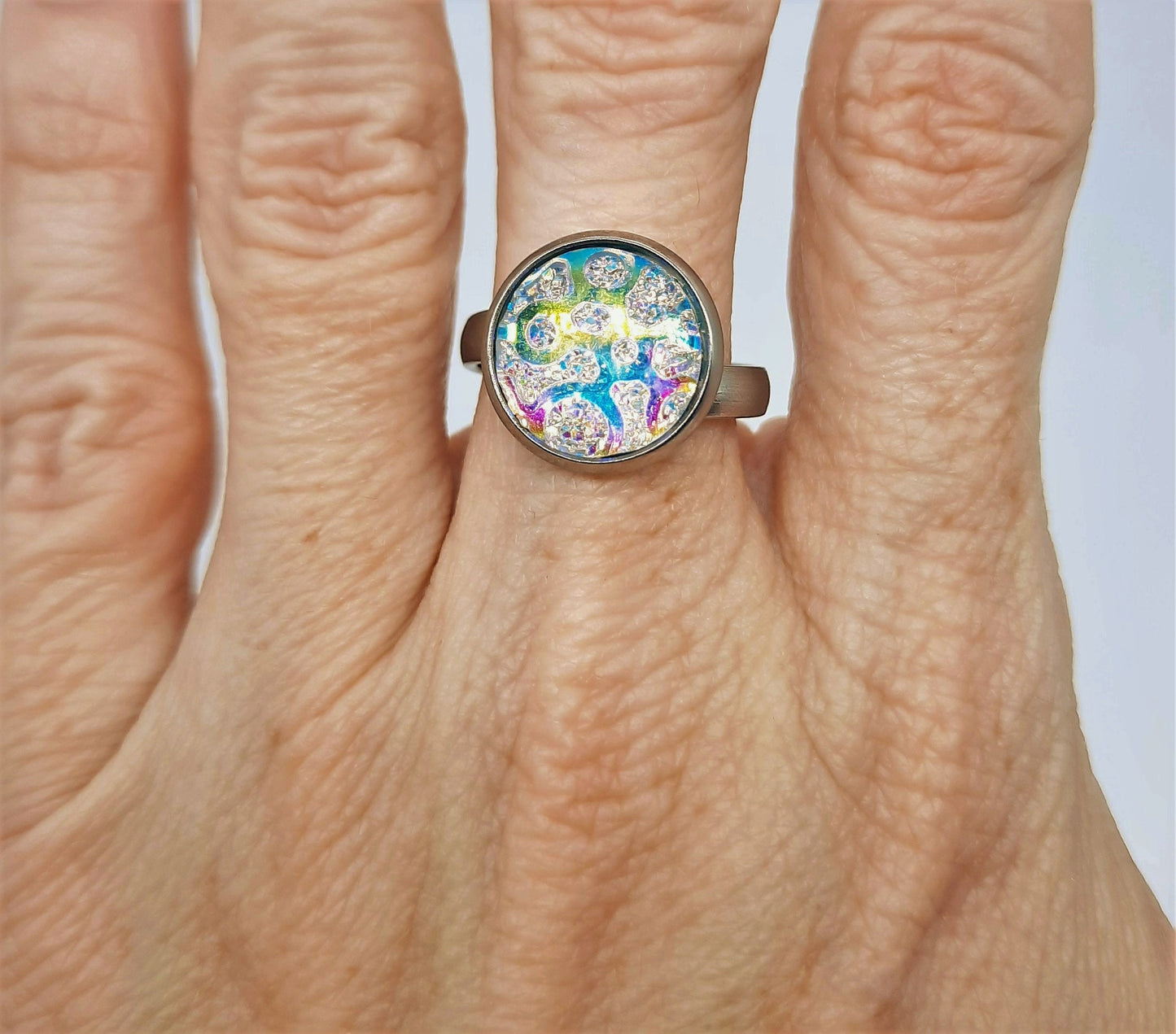 Handcrafted / Handmade Iridescent White Pearlescent Resin Ring, Hypoallergenic Silver Stainless Steel, Adjustable Band