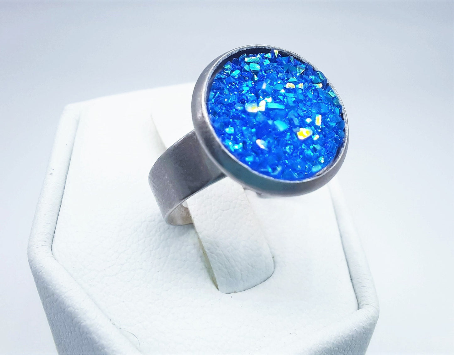 Handcrafted / Handmade Iridescent Blue Druzy Stone, Hypoallergenic Silver Stainless Steel Ring - Adjustable Band