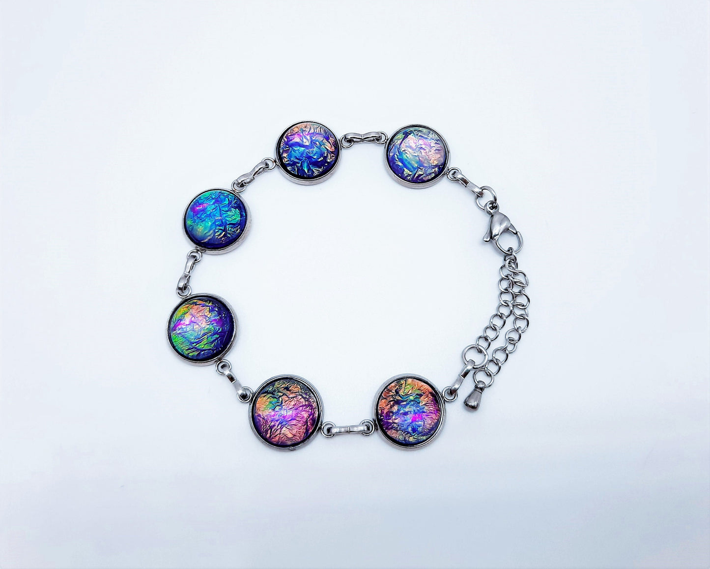 Handcrafted Iridescent Purple Glass Cabochon Link Bracelet / Adjustable / Hypoallergenic Silver Stainless Steel / Lobster Claw Closure