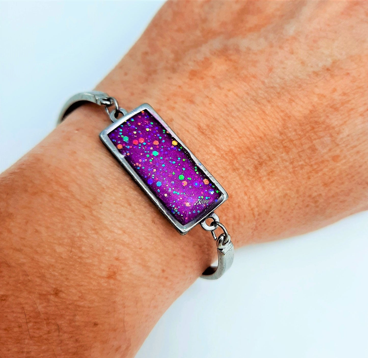 Handcrafted Iridescent Purple Rectangle Adjustable Bangle Bracelet - Made with Resin, Glitter, & Holographic Powder - Hypoallergenic