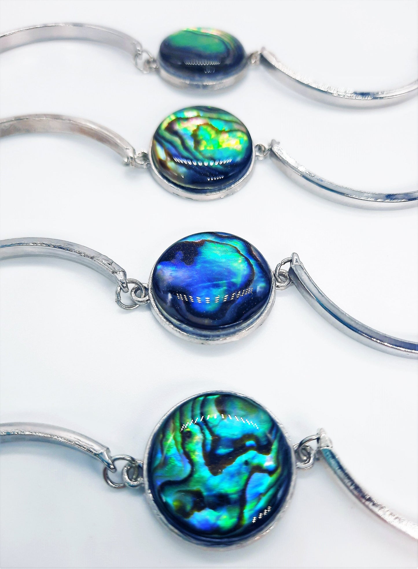 Abalone Seashell Stainless Steel Adjustable Bangle Bracelet Made with Holographic Powder Infused Resin - Hypoallergenic