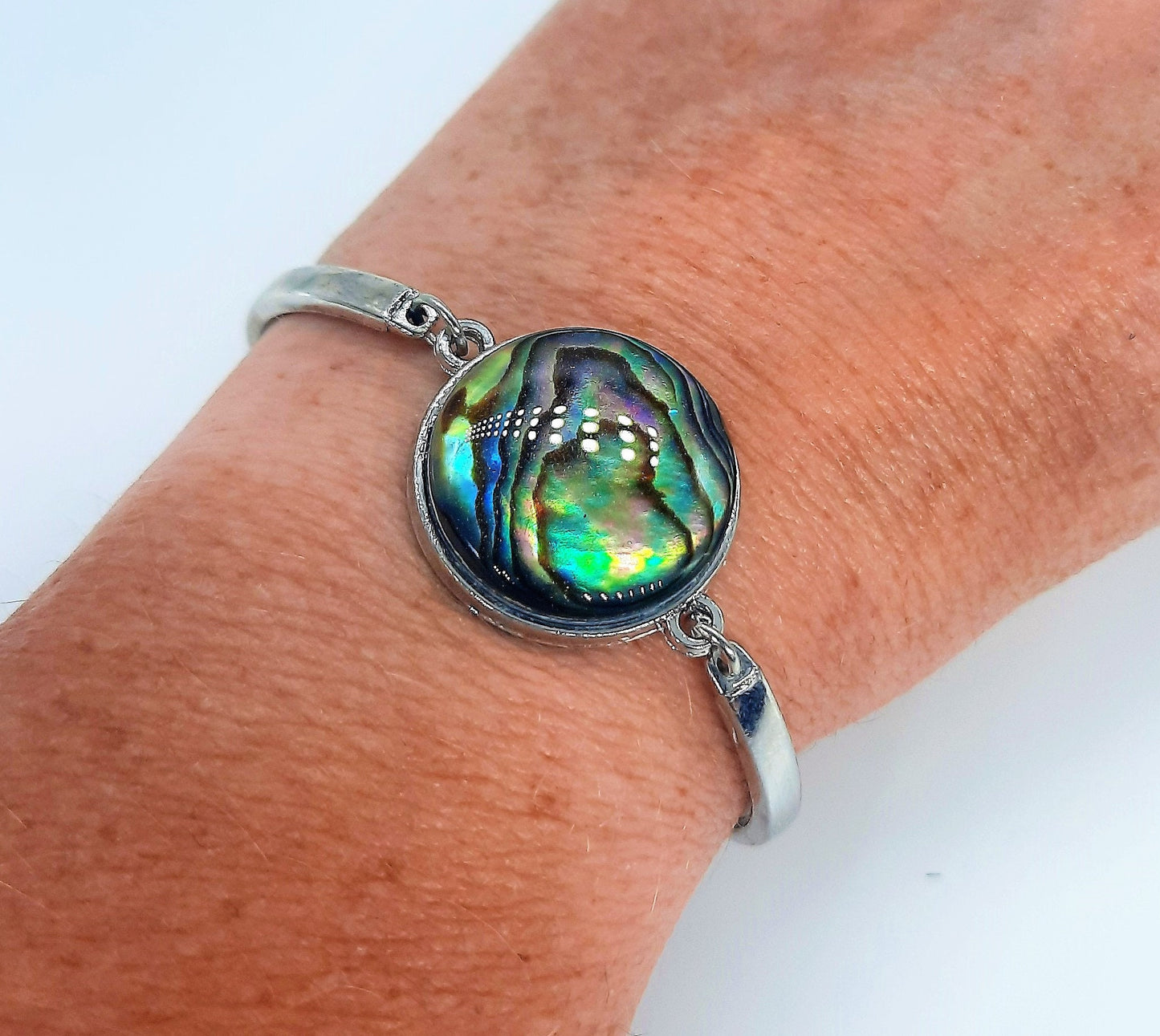 Abalone Seashell Stainless Steel Adjustable Bangle Bracelet Made with Holographic Powder Infused Resin - Hypoallergenic