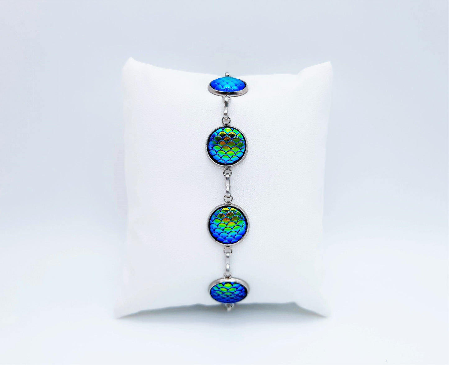 Handcrafted Blue - Green Iridescent Mermaid Scale Link Bracelet - Hypoallergenic Silver Stainless Steel - Adjustable - Lobster Claw Closure