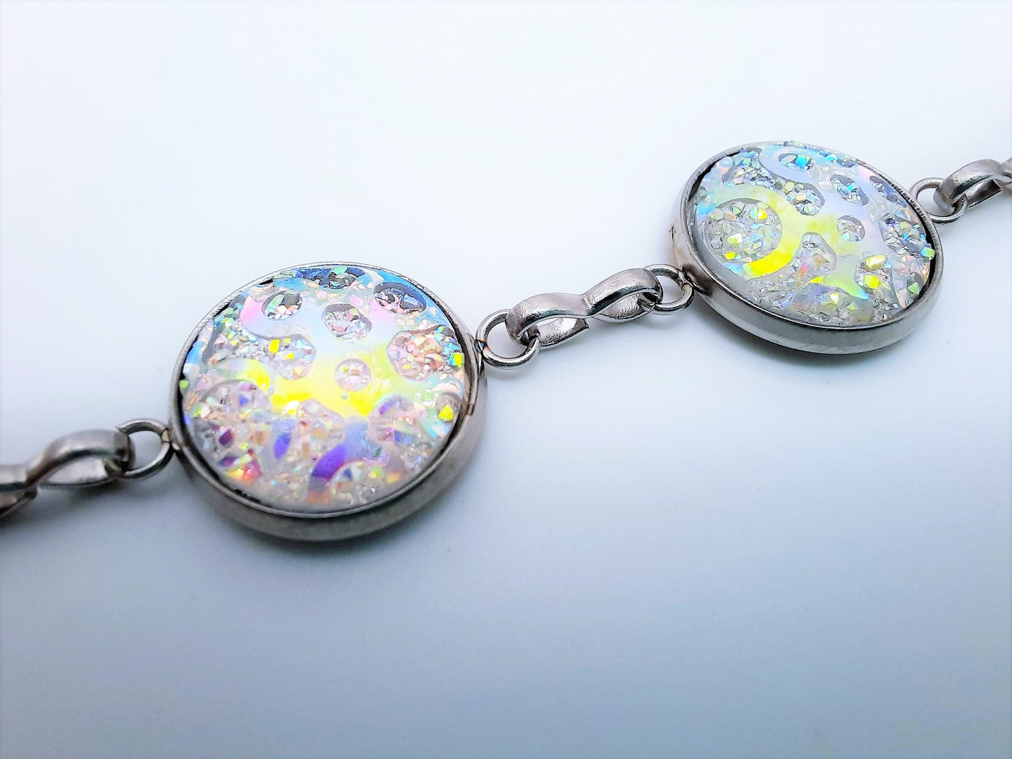 Handcrafted Iridescent White Resin Link Bracelet - Hypoallergenic Silver Stainless Steel - Adjustable Fit - Lobster Claw Closure