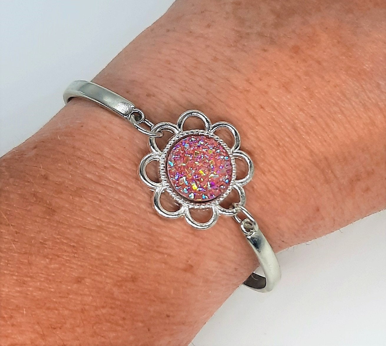 Handcrafted Flower Power Iridescent Pink Druzy Stainless Steel Adjustable Bangle Bracelet - Hypoallergenic