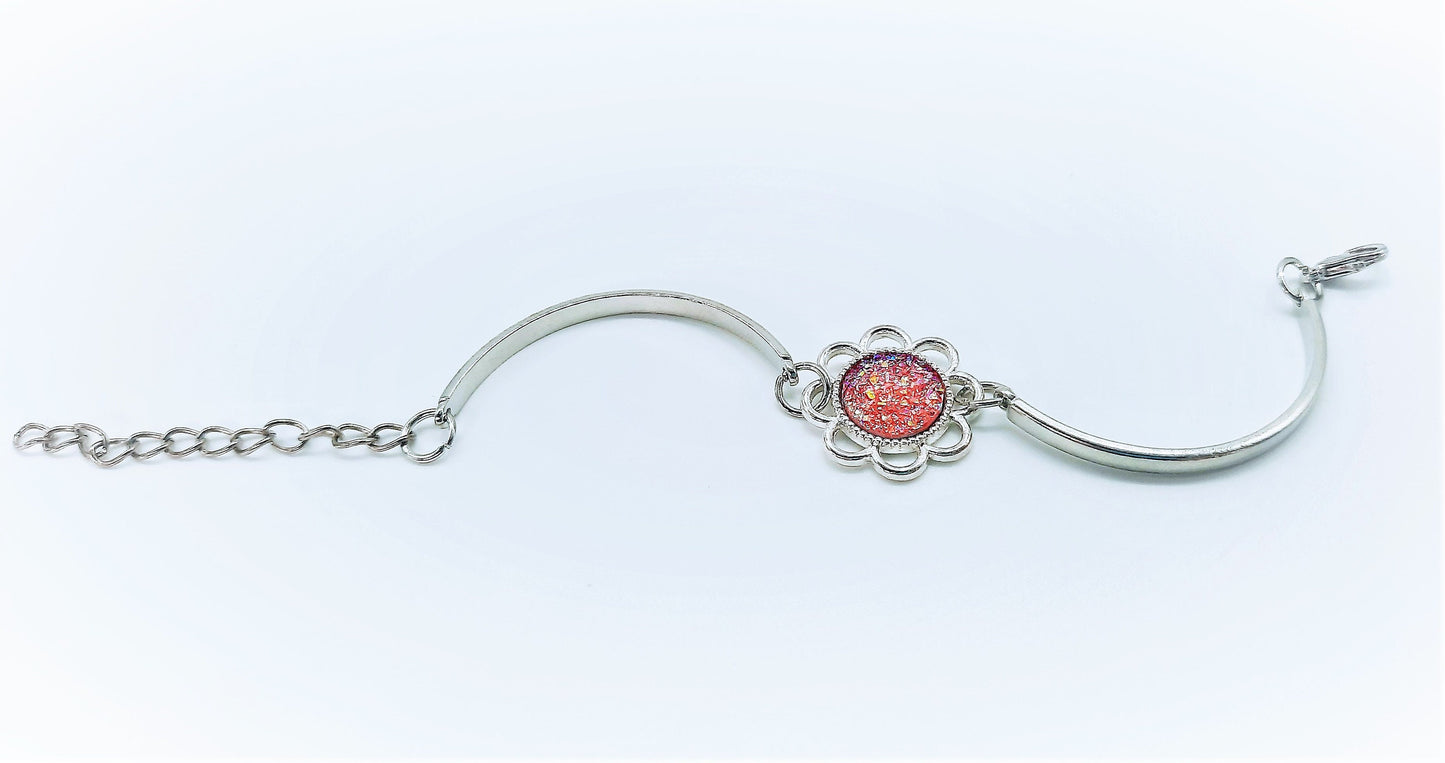 Handcrafted Flower Power Iridescent Pink Druzy Stainless Steel Adjustable Bangle Bracelet - Hypoallergenic