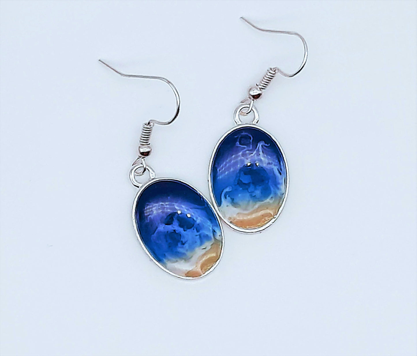 Real Sand Resin Waves Earrings/Oval Ocean Earrings/Beach Scene/Seascape Earrings/Made w/ Sand, Resin, Mica, & Hypoallergenic Stainless Steel