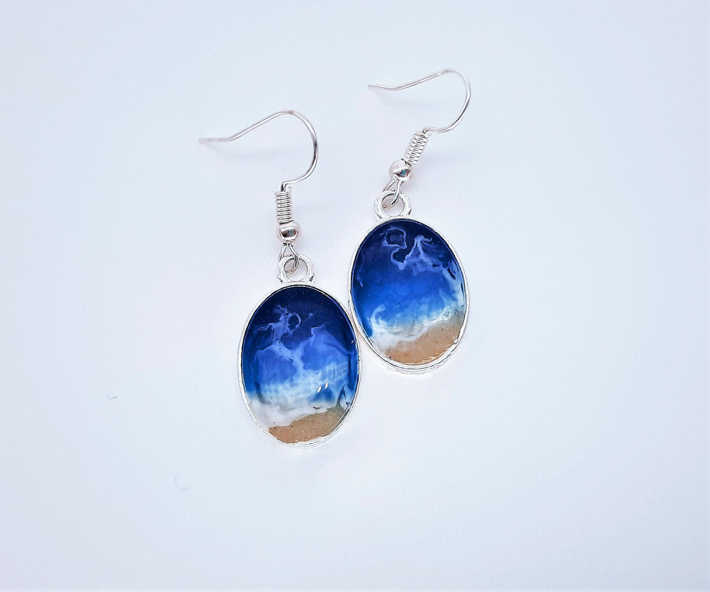 Real Sand Resin Waves Earrings/Oval Ocean Earrings/Beach Scene/Seascape Earrings/Made w/ Sand, Resin, Mica, & Hypoallergenic Stainless Steel