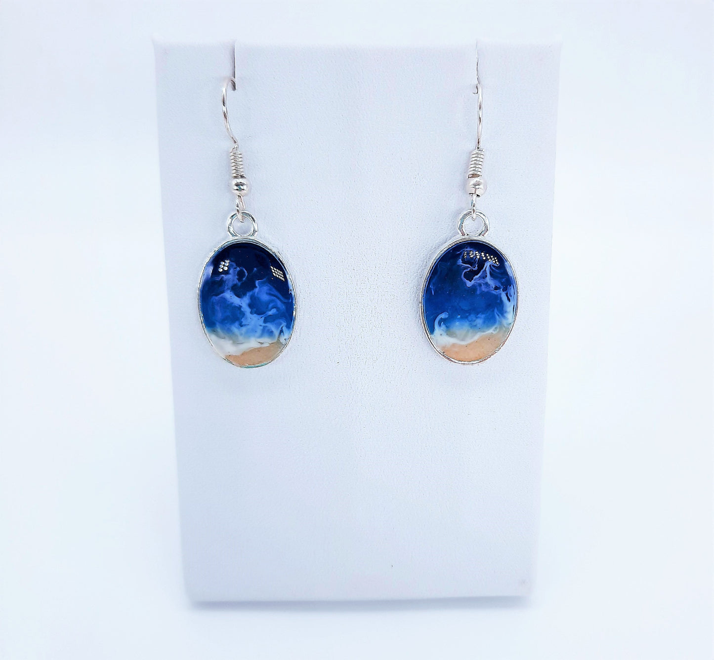 Real Sand Resin Waves Earrings/Oval Ocean Earrings/Beach Scene/Seascape Earrings/Made w/ Sand, Resin, Mica, & Hypoallergenic Stainless Steel