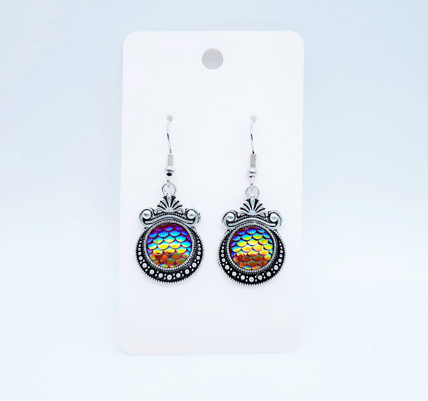 Iridescent Red Mermaid Scale / Dragon Scale / Fish Scale Earrings / Antique Tibetan Look / Made with Hypo-allergenic Stainless Steel