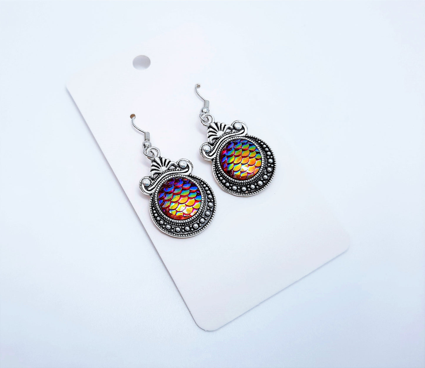 Iridescent Red Mermaid Scale / Dragon Scale / Fish Scale Earrings / Antique Tibetan Look / Made with Hypo-allergenic Stainless Steel