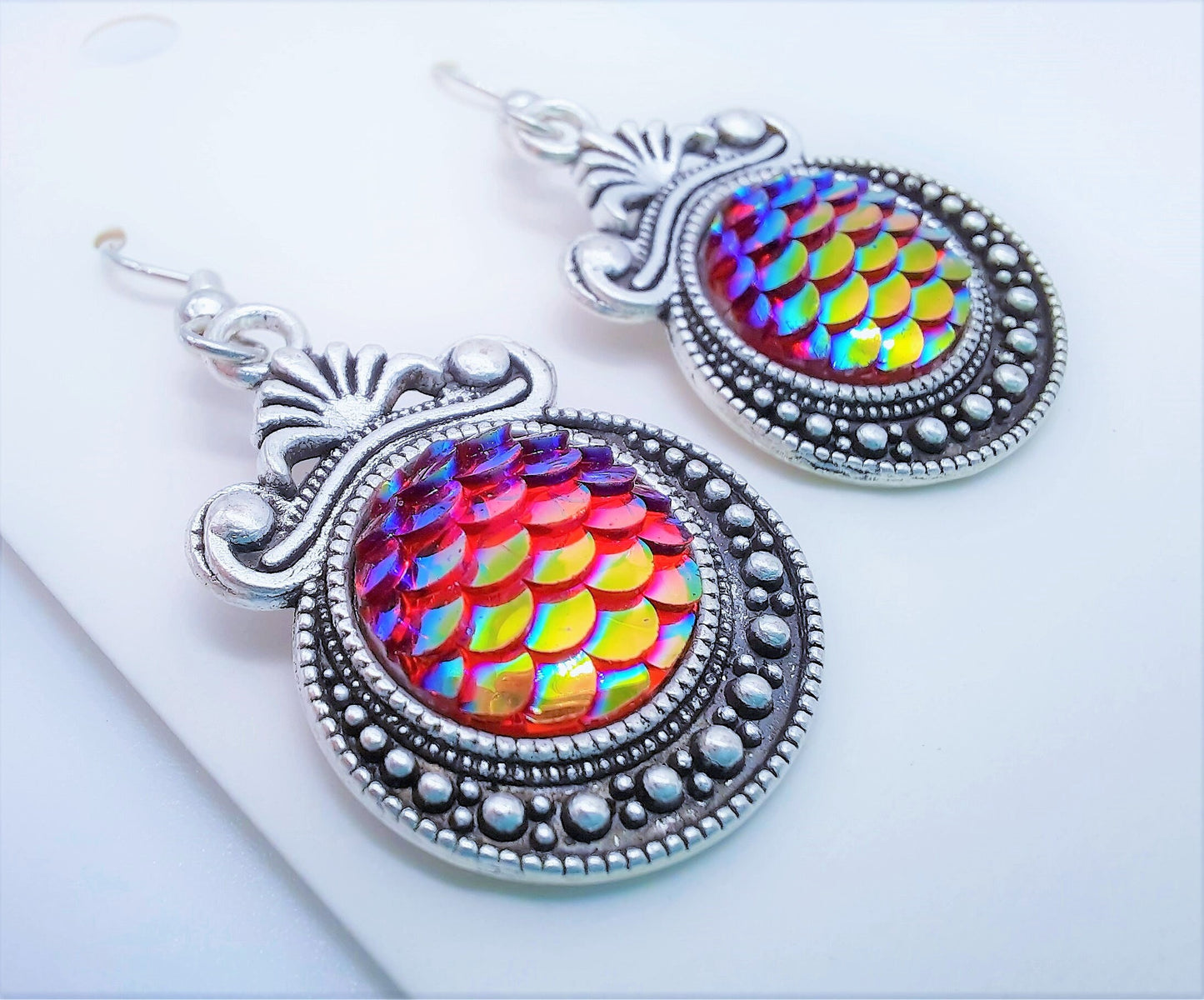 Iridescent Red Mermaid Scale / Dragon Scale / Fish Scale Earrings / Antique Tibetan Look / Made with Hypo-allergenic Stainless Steel