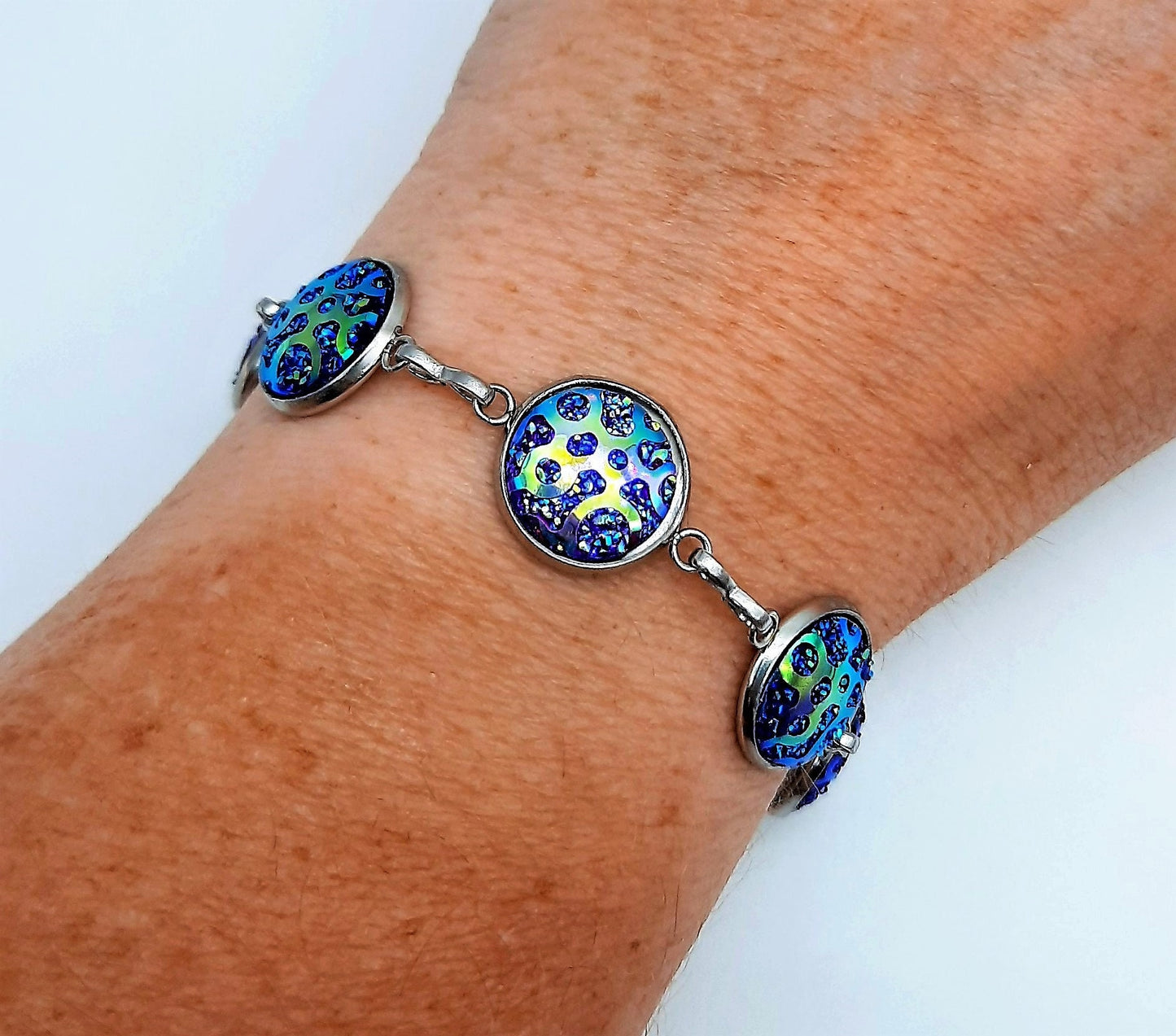 Handcrafted Purple Iridescent Resin Link Bracelet - Hypoallergenic Silver Stainless Steel - Adjustable Fit - Lobster Claw Closure