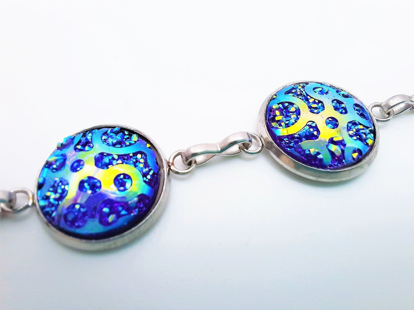 Handcrafted Purple Iridescent Resin Link Bracelet - Hypoallergenic Silver Stainless Steel - Adjustable Fit - Lobster Claw Closure