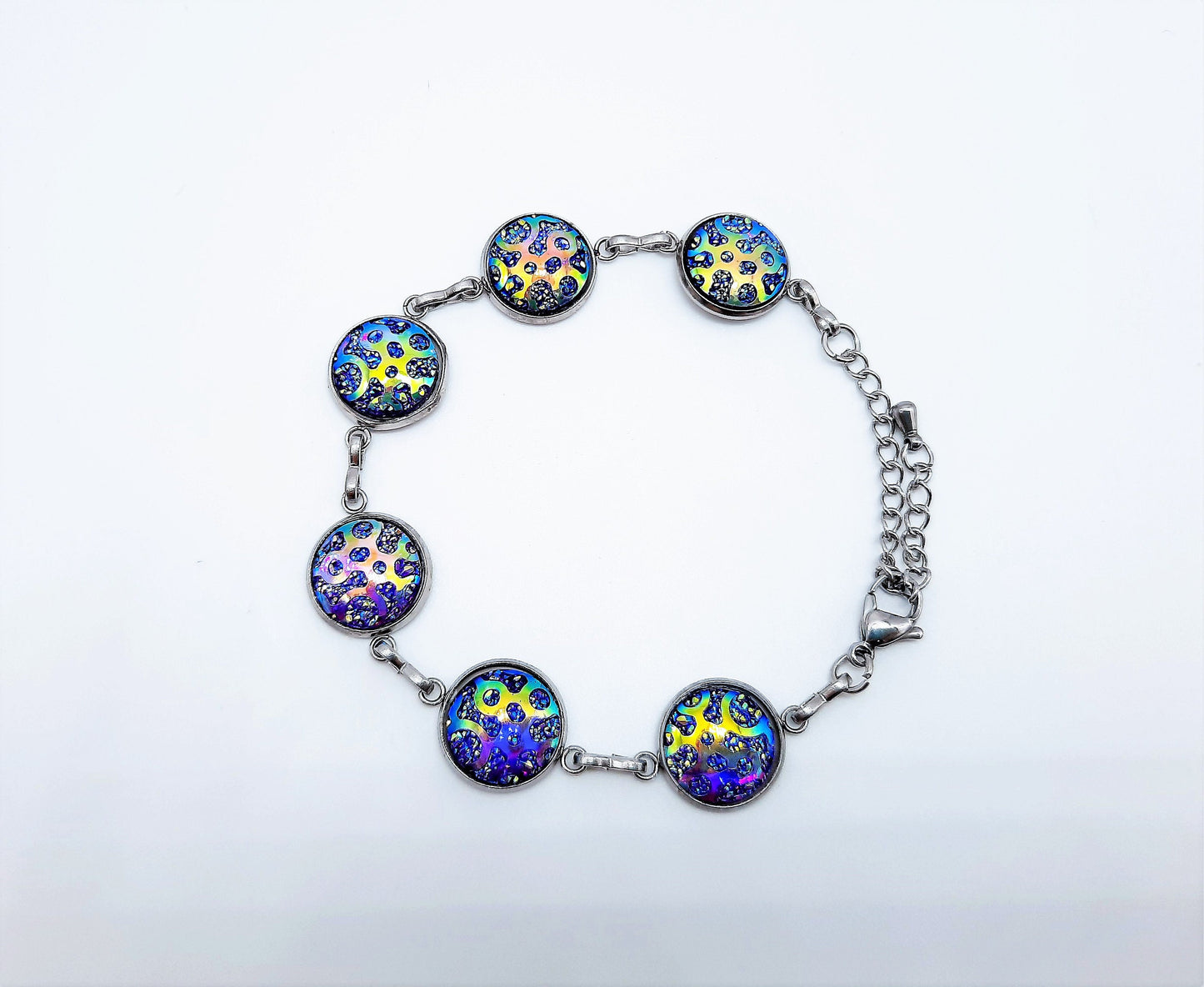 Handcrafted Purple Iridescent Resin Link Bracelet - Hypoallergenic Silver Stainless Steel - Adjustable Fit - Lobster Claw Closure
