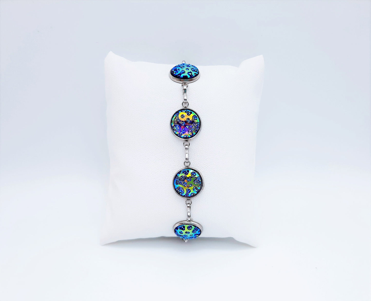 Handcrafted Purple Iridescent Resin Link Bracelet - Hypoallergenic Silver Stainless Steel - Adjustable Fit - Lobster Claw Closure