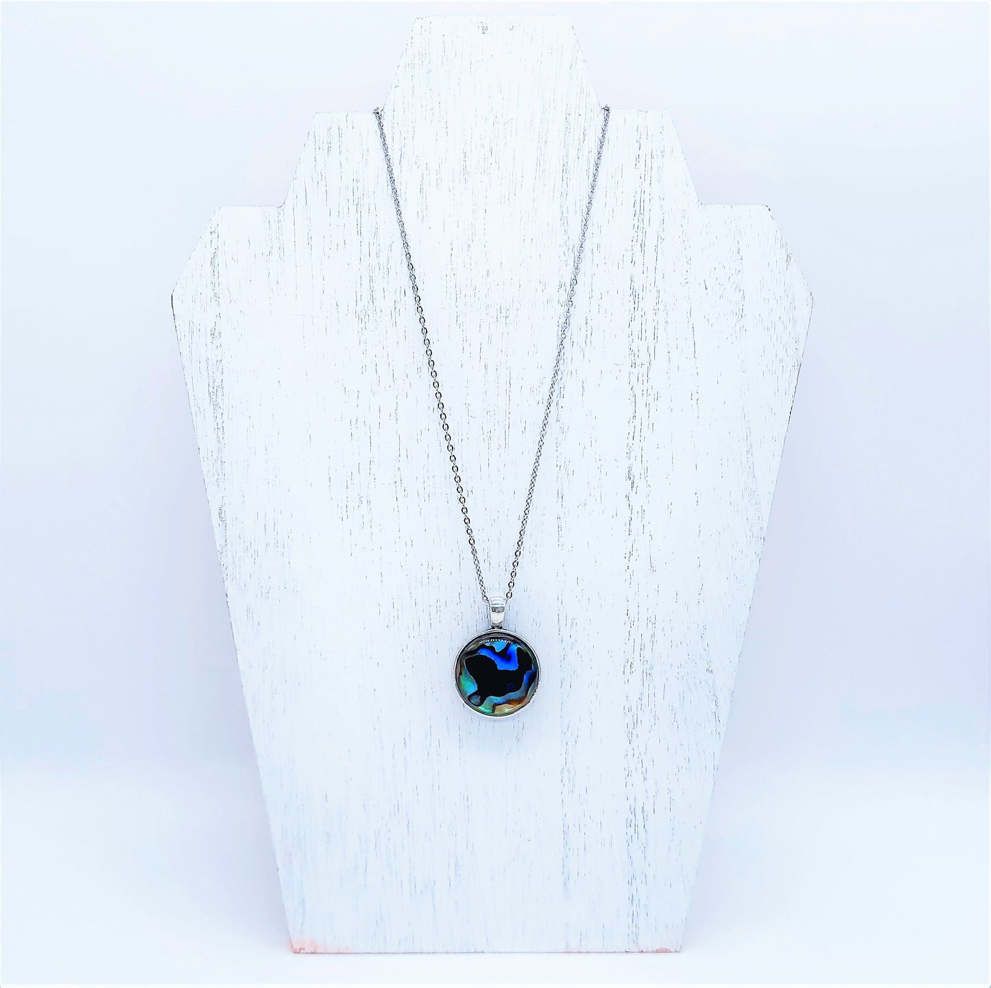 Natural Abalone / Paua Seashell Pendant Necklace - Stainless Steel - Hypoallergenic - Dome Covered with Holographic Powder Infused Resin