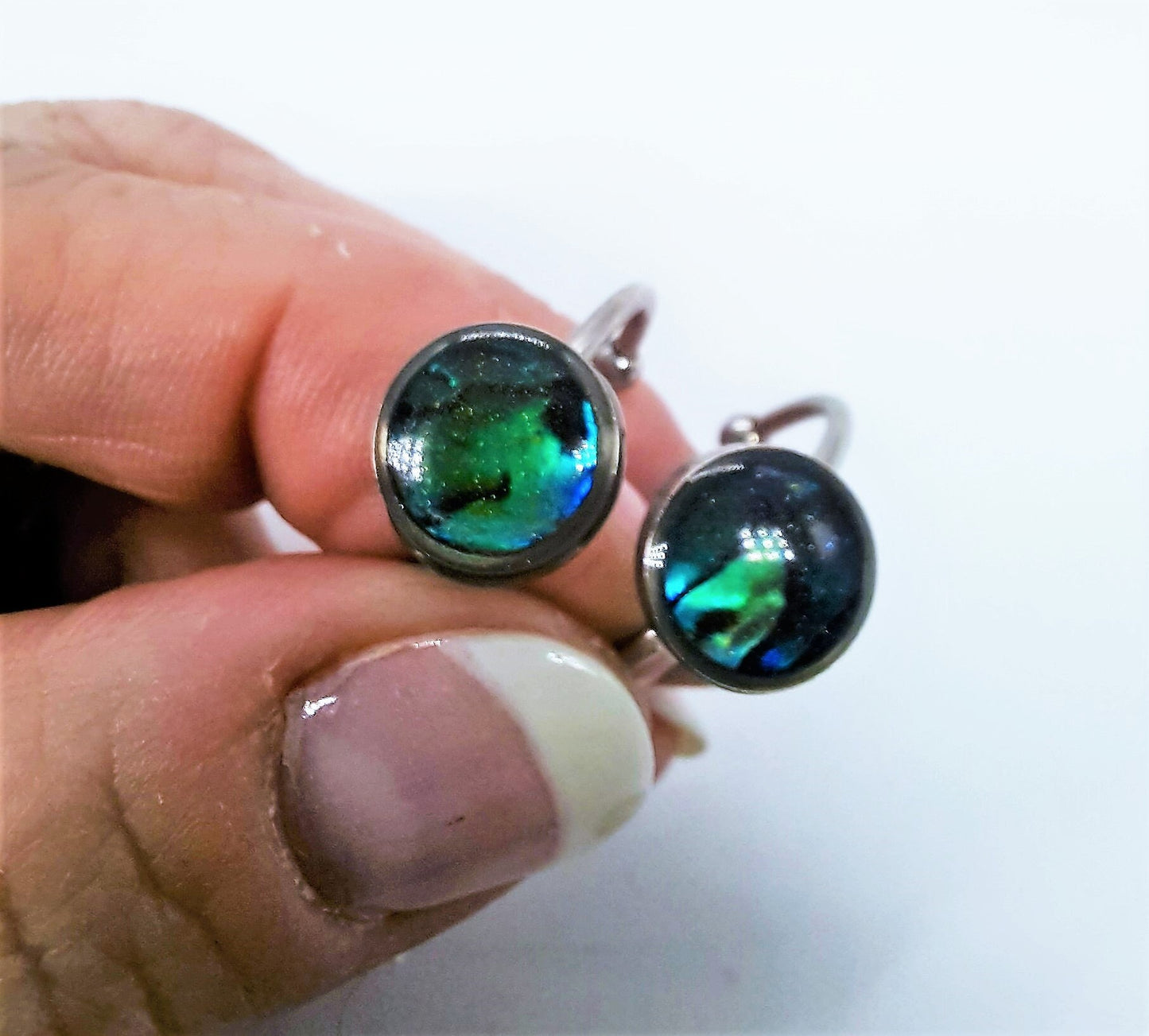 Handcrafted / Handmade Abalone Shell and Holographic Powder Infused Resin, Hypoallergenic Silver Stainless Steel Cuff Finger Ring, Size 8