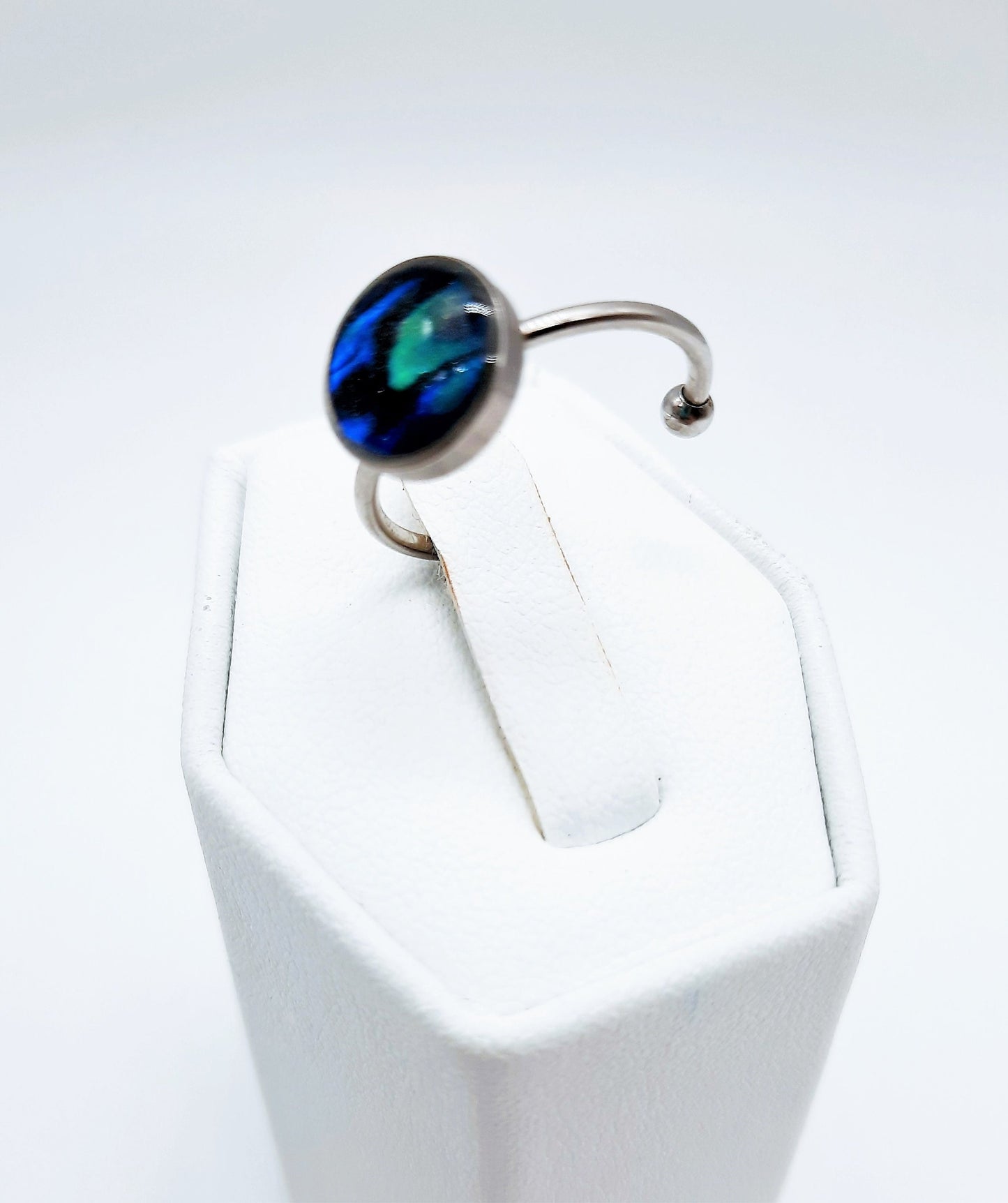 Handcrafted / Handmade Abalone Shell and Holographic Powder Infused Resin, Hypoallergenic Silver Stainless Steel Cuff Finger Ring, Size 8
