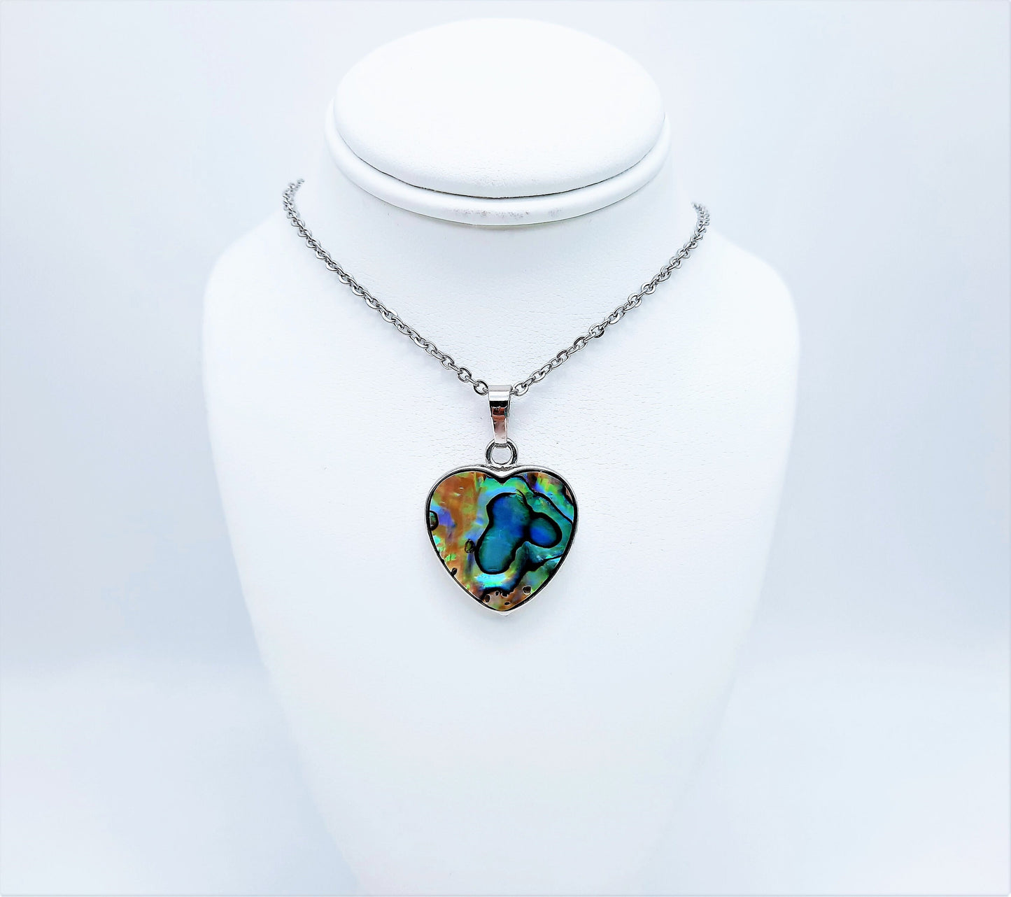 Abalone / Paua Seashell Heart Pendant Necklace - Stainless Steel Hypoallergenic Chain - Lobster Claw Closure - Silver-Coated Brass Pendant