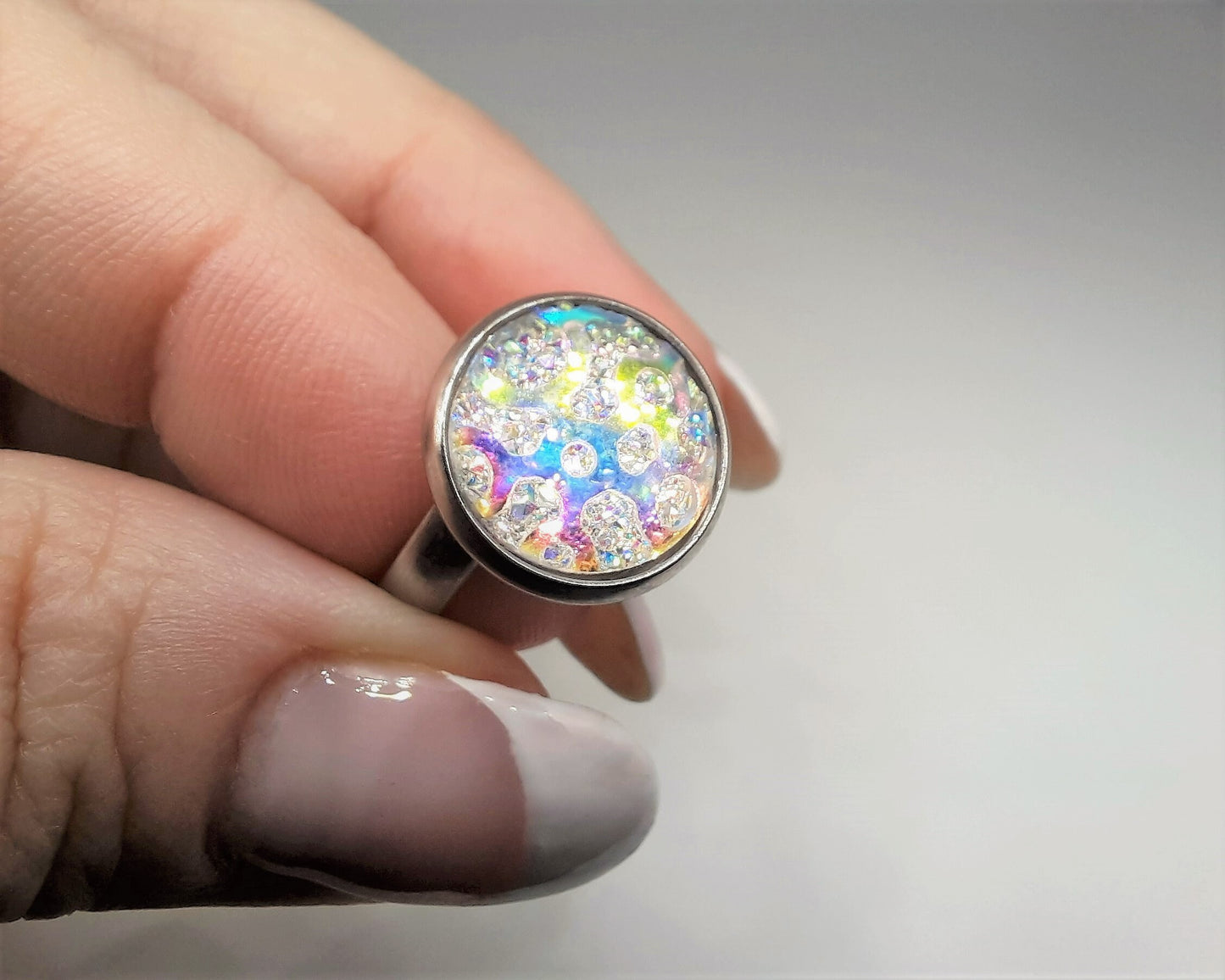 Handcrafted / Handmade Iridescent White Pearlescent Resin Ring, Hypoallergenic Silver Stainless Steel, Adjustable Band