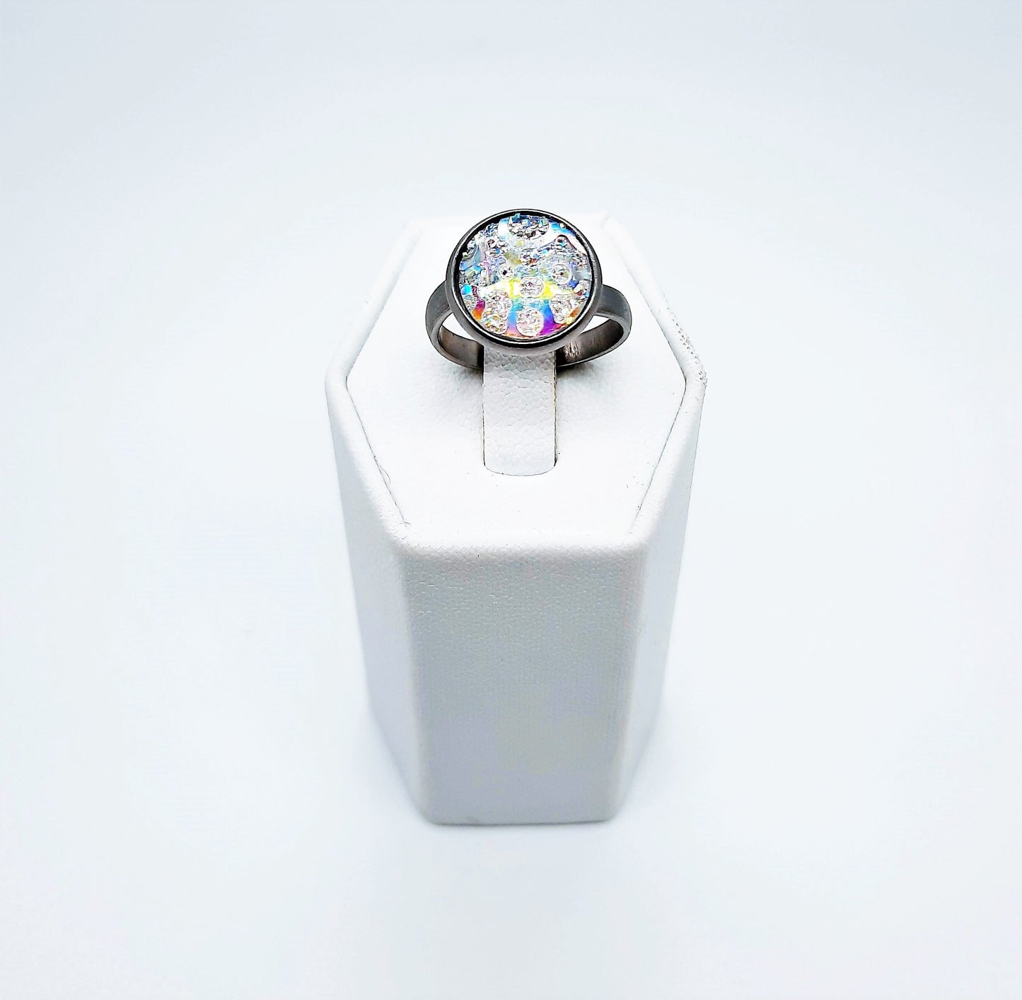 Handcrafted / Handmade Iridescent White Pearlescent Resin Ring, Hypoallergenic Silver Stainless Steel, Adjustable Band