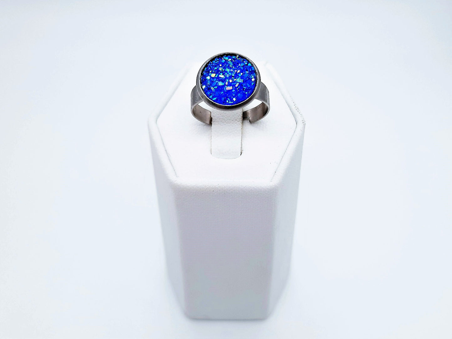 Handcrafted / Handmade Iridescent Blue Druzy Stone, Hypoallergenic Silver Stainless Steel Ring - Adjustable Band