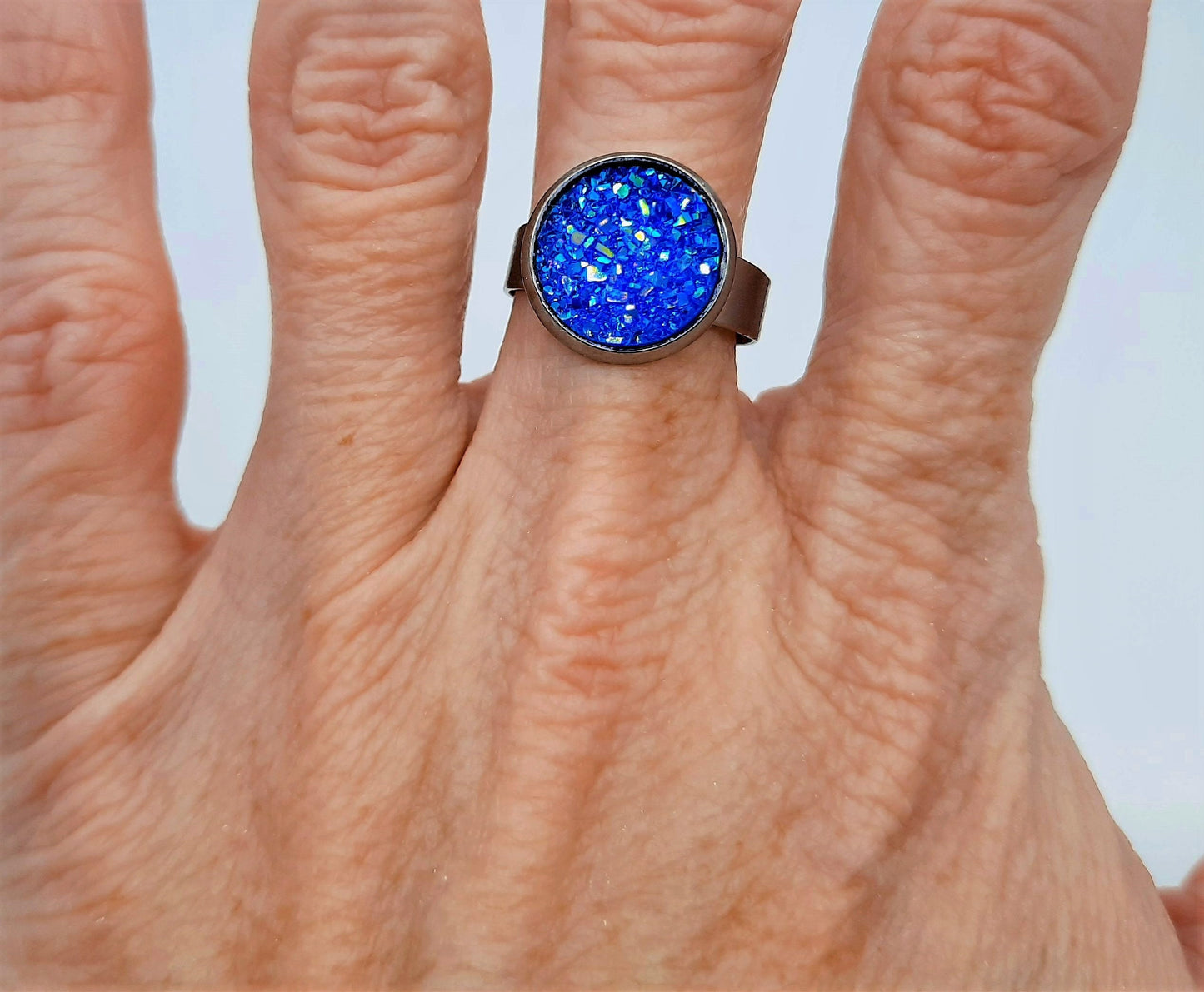 Handcrafted / Handmade Iridescent Blue Druzy Stone, Hypoallergenic Silver Stainless Steel Ring - Adjustable Band