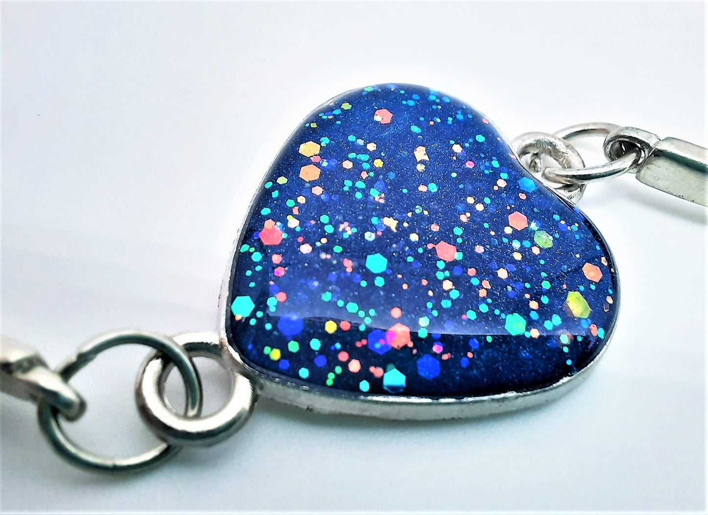 Handcrafted Iridescent Blue Heart Adjustable Bangle Bracelet-Made with Resin, Glitter, & Holographic Powder-Hypoallergenic Stainless Steel