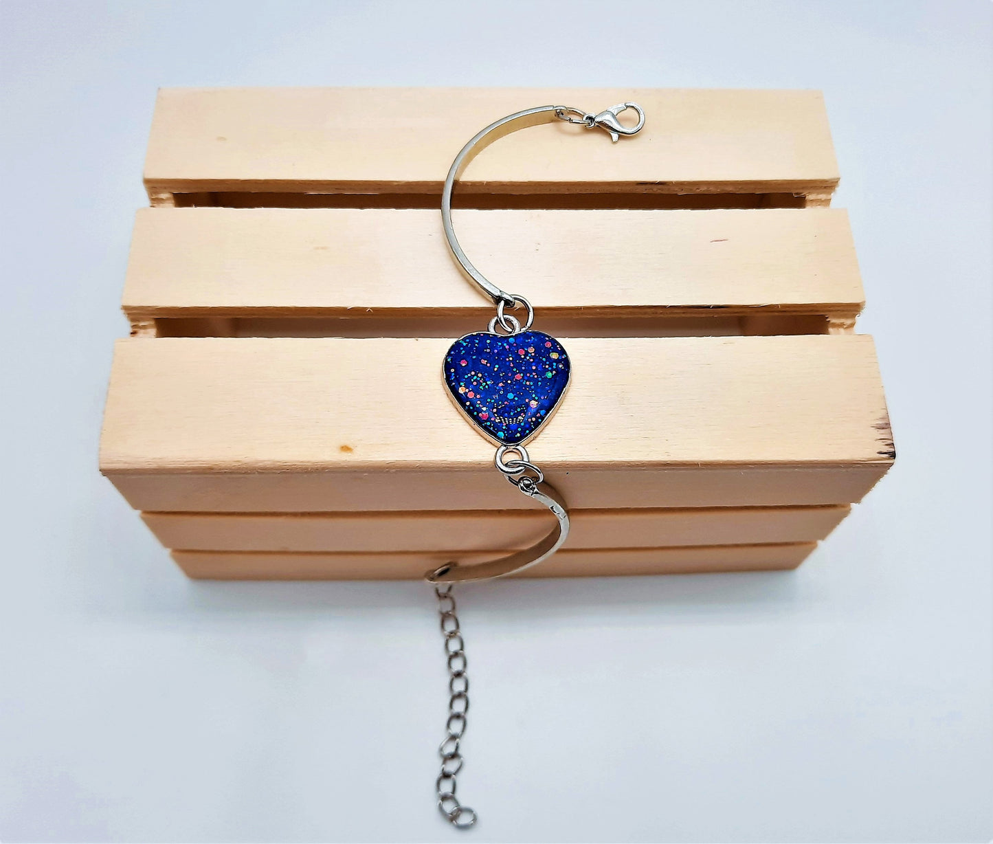 Handcrafted Iridescent Blue Heart Adjustable Bangle Bracelet-Made with Resin, Glitter, & Holographic Powder-Hypoallergenic Stainless Steel