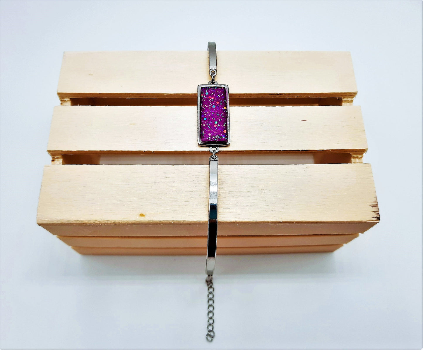 Handcrafted Iridescent Purple Rectangle Adjustable Bangle Bracelet - Made with Resin, Glitter, & Holographic Powder - Hypoallergenic