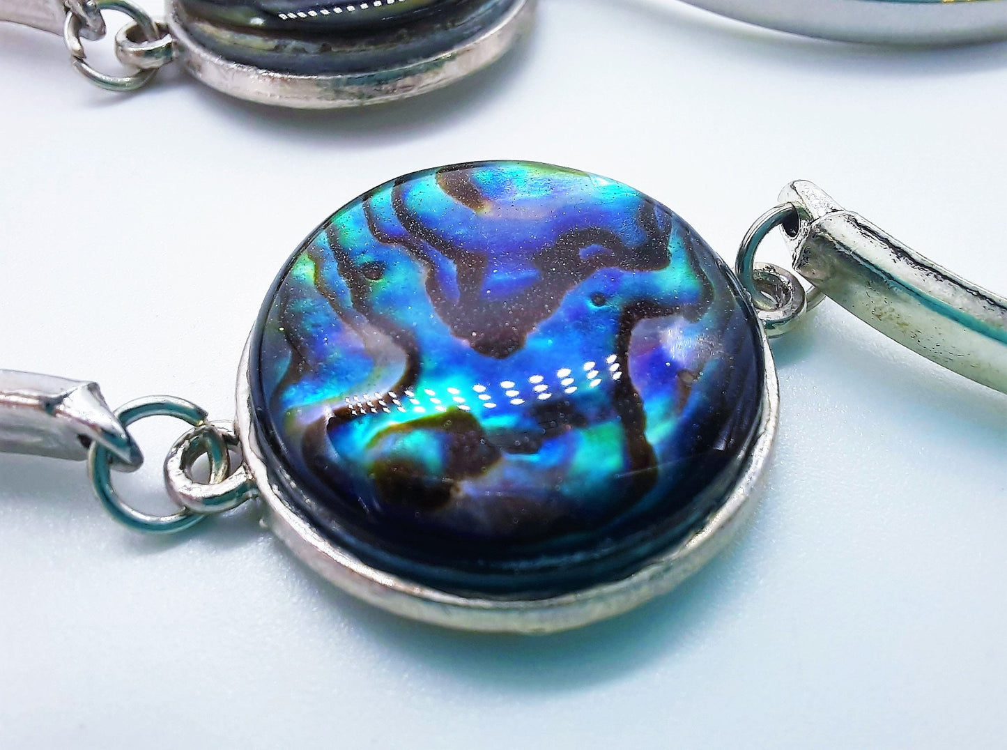 Abalone Seashell Stainless Steel Adjustable Bangle Bracelet Made with Holographic Powder Infused Resin - Hypoallergenic