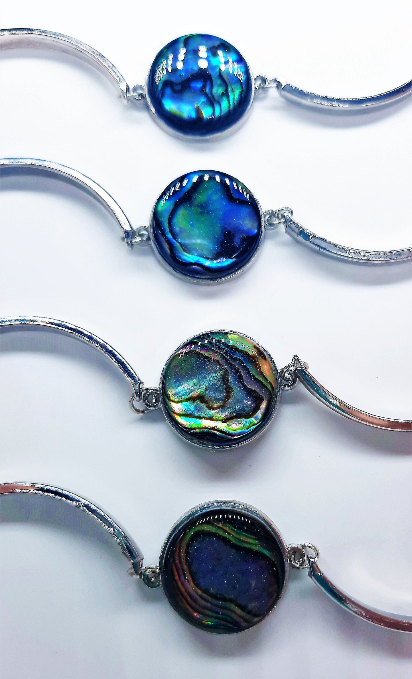 Abalone Seashell Stainless Steel Adjustable Bangle Bracelet Made with Holographic Powder Infused Resin - Hypoallergenic
